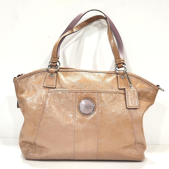 Coach Signature Stitch Patent Leather Tan with Lavender Large Tote Bag - Picture 15 of 16